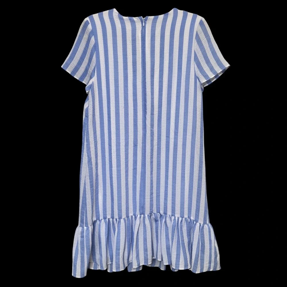 Avec Les Filles Shift Dress Size 10 Blue White Striped Tie Front Ruffle Coastal